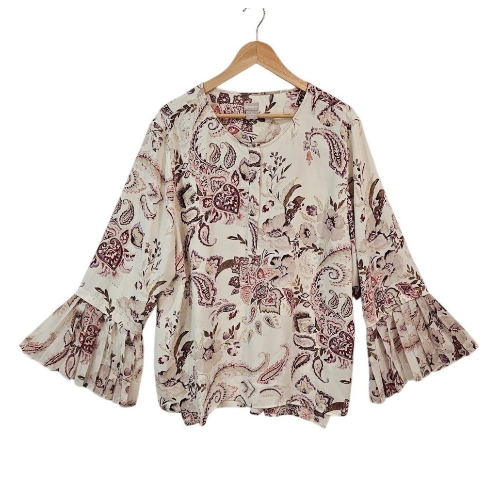 Chicos Floral Paisley Bell Sleeve Blouse Top 20 Chico‎ 4 Boho Soft Romantic
